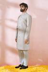 Shop_Arihant Rai Sinha_Cream , Satin, Polyester, Viscose Geometric Pattern Sherwani And Pant Set _Online