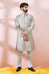 Buy_Arihant Rai Sinha_Cream , Satin, Polyester, Viscose Geometric Pattern Sherwani And Pant Set _at_Aza_Fashions