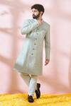 Shop Arihant Rai Sinha Green Silk, Polyester, Viscose Embroidery, Sequins, Metallic Sherwani And Pant Online Shop_Arihant Rai Sinha_Green Silk, Polyester, Viscose Embroidery, Sequins, Metallic Sherwani And Pant _Online
