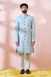 Arihant Rai Sinha_Blue Silk, Polyester, Viscose Embroidery, Geometric Sherwani And Pant Set _Online