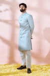 Arihant Rai Sinha_Blue Silk, Polyester, Viscose Embroidery, Geometric Sherwani And Pant Set 