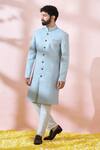 Arihant Rai Sinha_Blue Silk, Polyester, Viscose Embroidery, Geometric Sherwani And Pant Set 