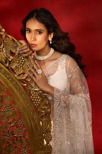Shop_Azeera_Cream Net Embroidery, Sequins, Hand Work Saree With Unstitched Blouse Piece _at_Aza_Fashions