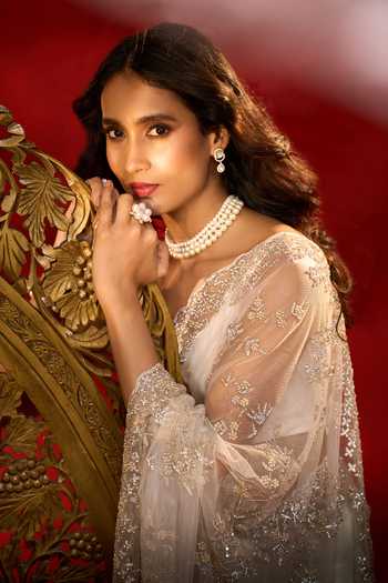 Azeera_Cream Net Embroidery, Sequins, Hand Work Saree With Unstitched Blouse Piece 
