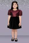 Buy Lil Drama Maroon Jacquard, Velvet Bows Puff Sleeve Top And Skirt Set at Aza Fashions Buy_Lil Drama_Maroon Jacquard, Velvet Bows Puff Sleeve Top And Skirt Set _at_Aza_Fashions