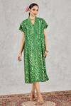 Buy_Shivani Bhargava_Green Tissue, Chanderi V-neck Geometric Pattern Midi Dress _at_Aza_Fashions