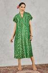 Shivani Bhargava_Green Tissue, Chanderi V-neck Geometric Pattern Midi Dress _Online_at_Aza_Fashions