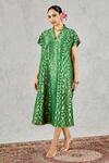 Buy_Shivani Bhargava_Green Tissue, Chanderi V-neck Geometric Pattern Midi Dress _Online_at_Aza_Fashions