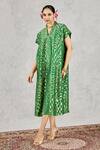 Shop_Shivani Bhargava_Green Tissue, Chanderi V-neck Geometric Pattern Midi Dress _Online_at_Aza_Fashions