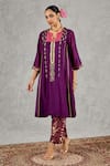 Shop_Shivani Bhargava_Purple Chanderi, Tissue Embroidery, Zari Split V-neck Kurta And Pant Set _Online_at_Aza_Fashions