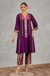 Buy_Shivani Bhargava_Purple Chanderi, Tissue Embroidery, Zari Split V-neck Kurta And Pant Set _at_Aza_Fashions