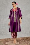 Shivani Bhargava_Purple Chanderi, Tissue Embroidery, Zari Split V-neck Kurta And Pant Set _at_Aza_Fashions