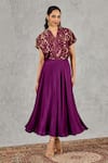 Buy_Shivani Bhargava_Purple Chanderi, Tissue, Satin Zari V-neck Geometric Woven Top And Skirt Set _Online_at_Aza_Fashions