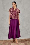 Buy_Shivani Bhargava_Purple Chanderi, Tissue, Satin Zari V-neck Geometric Woven Top And Skirt Set _at_Aza_Fashions