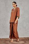 Shivani Bhargava_Brown Chanderi, Satin Embroidery, Beads V-neck Kurta And Draped Skirt Set _Online_at_Aza_Fashions
