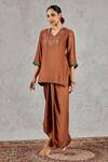 Buy_Shivani Bhargava_Brown Chanderi, Satin Embroidery, Beads V-neck Kurta And Draped Skirt Set _Online_at_Aza_Fashions