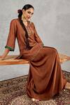 Shivani Bhargava_Brown Chanderi, Satin Embroidery, Beads V-neck Kurta And Draped Skirt Set _at_Aza_Fashions
