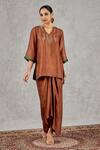 Buy_Shivani Bhargava_Brown Chanderi Embroidery, Beads, Metallic Thread V-neck V Kurta _Online_at_Aza_Fashions