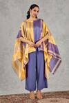 Shivani Bhargava_Yellow Chanderi Boat Neck Striped Cape And Pant Set _at_Aza_Fashions