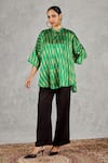 Buy_Shivani Bhargava_Green , Satin Zari Mandarin Collar Ikat Pattern Long Top And Pant Set _at_Aza_Fashions
