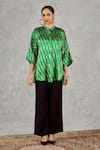 Shop_Shivani Bhargava_Green , Satin Zari Mandarin Collar Ikat Pattern Long Top And Pant Set _Online_at_Aza_Fashions