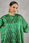 Buy_Shivani Bhargava_Green , Satin Zari Mandarin Collar Ikat Pattern Long Top And Pant Set 