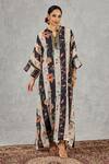 Shivani Bhargava Black Chanderi Embroidery, Stones Split V-neck, Striped Floral Print Kaftan at Aza Fashions Shivani Bhargava_Black Chanderi Embroidery, Stones Split V-neck, Striped Floral Print Kaftan _at_Aza_Fashions