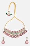 Shop_Vivinia By Vidhi Mehra_Gold Plated Stones, Pearls Green And Pink Choker Necklace Set _at_Aza_Fashions