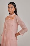 Khamaj India_Peach Chanderi, Cotton Embroidery, Applique Mandarin Elora Kurta And Pant Set _Online_at_Aza_Fashions