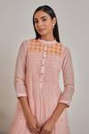 Buy_Khamaj India_Peach Chanderi, Cotton Embroidery, Applique Mandarin Elora Kurta And Pant Set _Online_at_Aza_Fashions