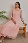 Shop_Khamaj India_Peach Chanderi, Cotton Embroidery, Applique Mandarin Elora Kurta And Pant Set _Online_at_Aza_Fashions