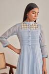 Khamaj India_Sky Blue Chanderi, Cotton Embroidery, Applique Mandarin Elora Kurta And Pant Set _Online_at_Aza_Fashions