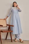 Buy_Khamaj India_Sky Blue Chanderi, Cotton Embroidery, Applique Mandarin Elora Kurta And Pant Set _at_Aza_Fashions