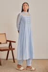 Buy_Khamaj India_Sky Blue Chanderi, Cotton Embroidery, Applique Mandarin Elora Kurta And Pant Set _Online_at_Aza_Fashions