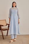 Shop_Khamaj India_Sky Blue Chanderi, Cotton Embroidery, Applique Mandarin Elora Kurta And Pant Set _Online_at_Aza_Fashions