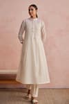 Shop_Khamaj India_Cream Chanderi, Cotton Embroidery, Applique, Smocking Elora Kurta And Pant Set _Online_at_Aza_Fashions