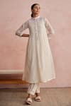 Buy_Khamaj India_Cream Chanderi, Cotton Embroidery, Applique, Smocking Elora Kurta And Pant Set _at_Aza_Fashions