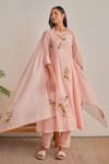 Buy_Khamaj India_Pink Chanderi, Cotton Embroidery, Applique Round Neck Eden Floral Kurta Set _at_Aza_Fashions