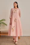 Khamaj India_Pink Chanderi, Cotton Embroidery, Applique Round Neck Eden Floral Kurta Set _Online_at_Aza_Fashions