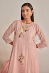 Shop_Khamaj India_Pink Chanderi, Cotton Embroidery, Applique Round Neck Eden Floral Kurta Set _Online_at_Aza_Fashions