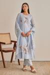 Shop_Khamaj India_Blue Chanderi, Cotton Embroidery, Applique, Piping Round Eden Kurta And Pant Set _Online_at_Aza_Fashions