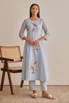 Buy_Khamaj India_Blue Chanderi, Cotton Embroidery, Applique Round Neck Eden Kurta Set 