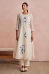 Buy_Khamaj India_Cream Chanderi, Cotton Embroidery, Applique Round Neck Eden Kurta And Pant Set _at_Aza_Fashions