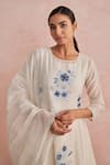 Khamaj India_Cream Chanderi, Cotton Embroidery, Applique Round Neck Floral Kurta Set _Online_at_Aza_Fashions