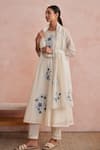 Buy_Khamaj India_Cream Chanderi, Cotton Embroidery, Applique Round Neck Floral Kurta Set _at_Aza_Fashions