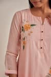 Khamaj India_Pink Chanderi, Cotton Embroidery, Applique Split V-neck Diana Kurta And Pant Set _Online_at_Aza_Fashions