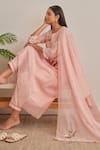 Buy_Khamaj India_Pink Chanderi, Cotton Embroidery, Applique Split V-neck Diana Kurta And Pant Set _Online_at_Aza_Fashions