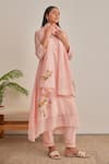 Khamaj India_Pink Chanderi, Cotton Embroidery, Applique Split V-neck Diana Kurta And Pant Set _at_Aza_Fashions