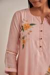 Khamaj India_Pink Chanderi, Cotton Embroidery, Applique Split V-neck Diana Kurta Set _Online_at_Aza_Fashions