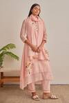 Buy_Khamaj India_Pink Chanderi, Cotton Embroidery, Applique Split V-neck Diana Kurta Set _at_Aza_Fashions
